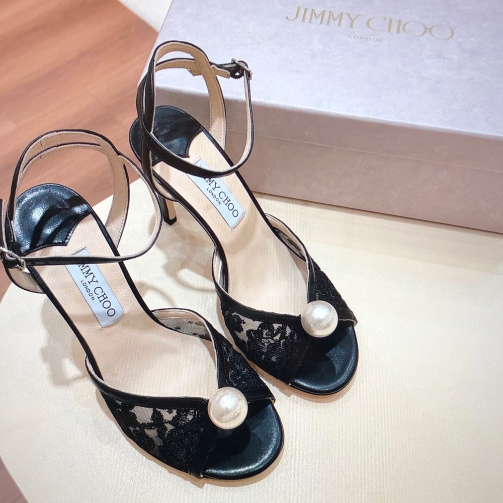 Jimmy Choo Black Lace Pearl-Embellished Ankle-Strap Heels